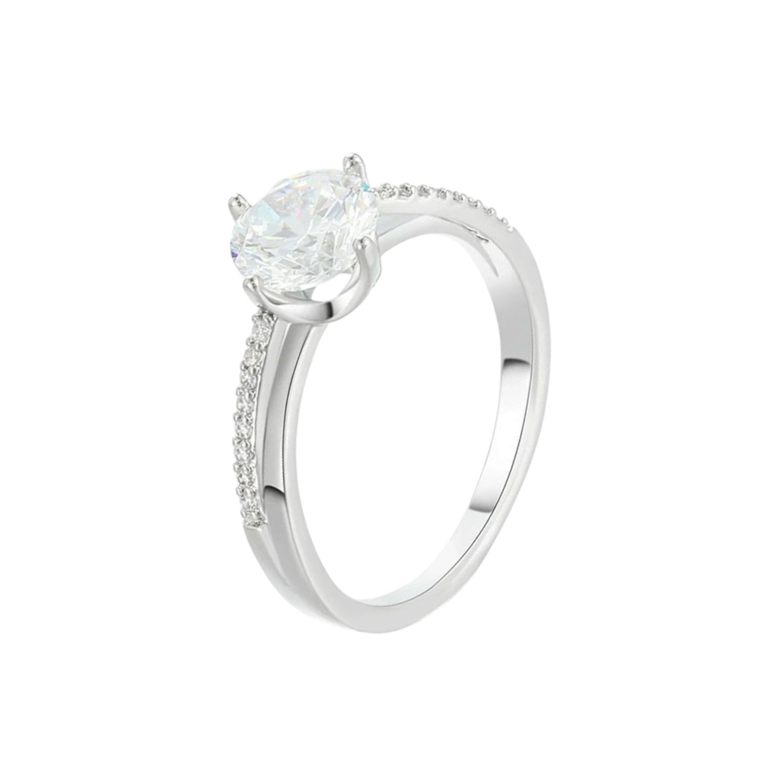 Wasserdichter Solitär-Ring mit rundem Zirkonia und Pavé-Schultern Silber