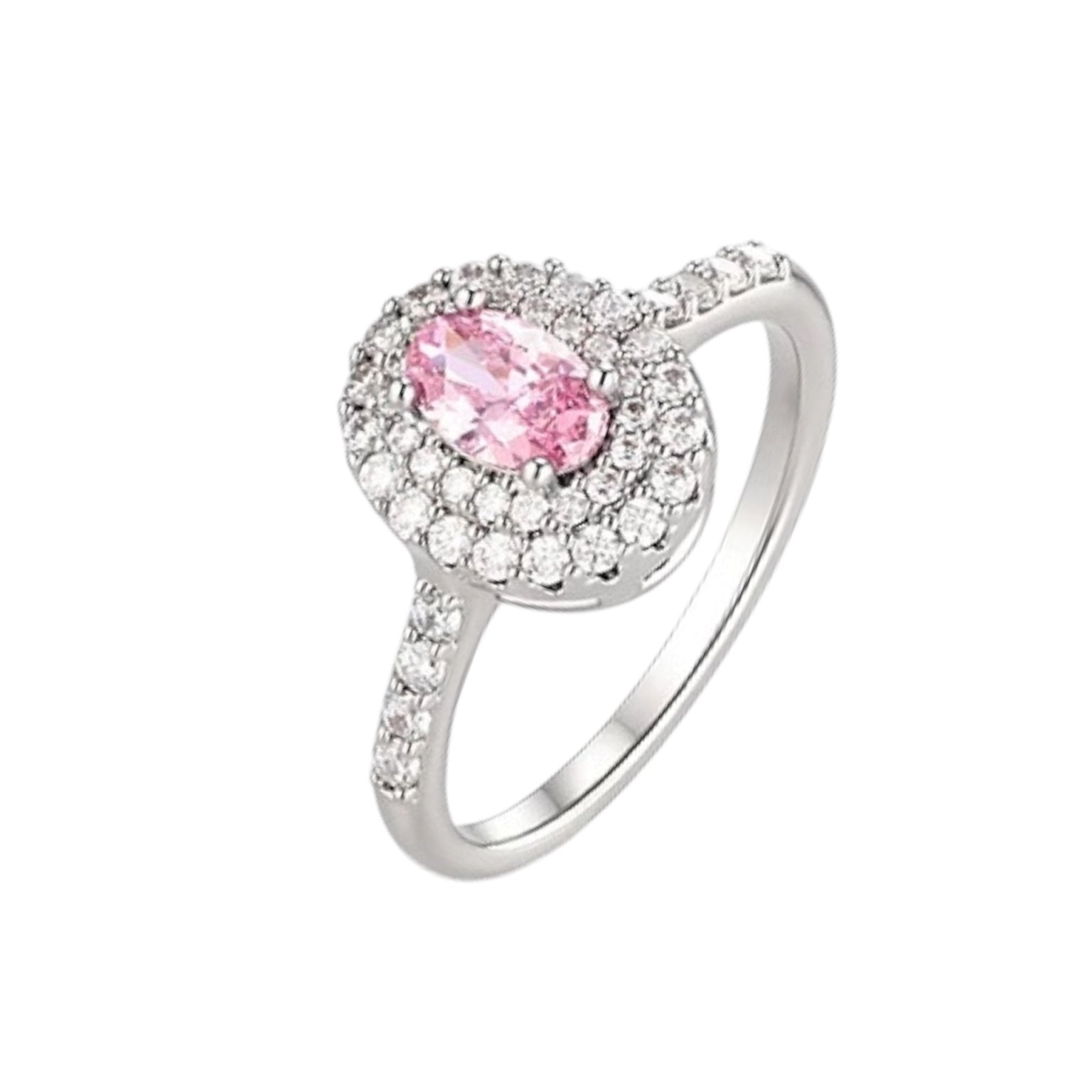 Wasserdichter Doppel-Halo-Ring mit ovalem rosa Zirkonia und Pavé-Band Silber