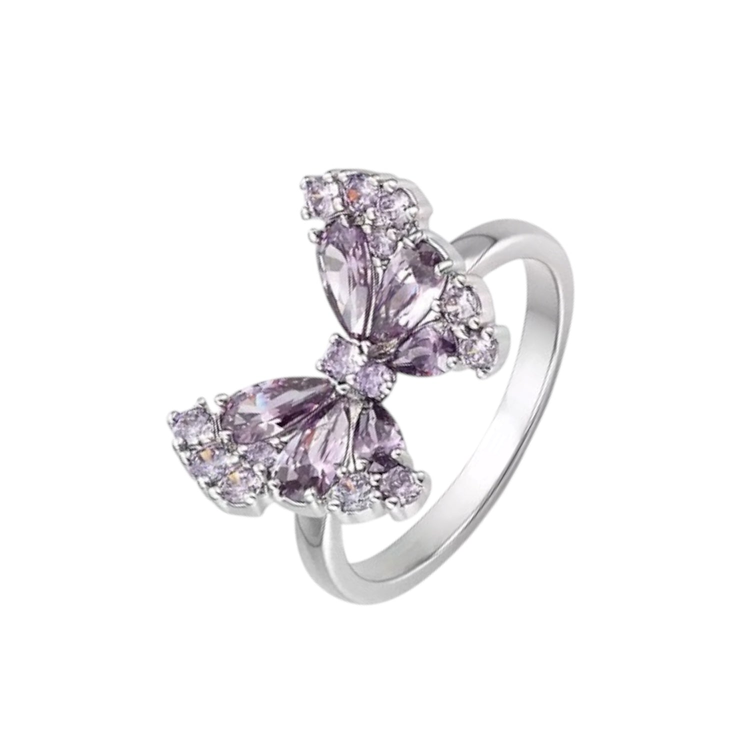 Wasserdichter Schmetterling-Ring mit lila Pear-Cut Zirkonia und Pavé Silber
