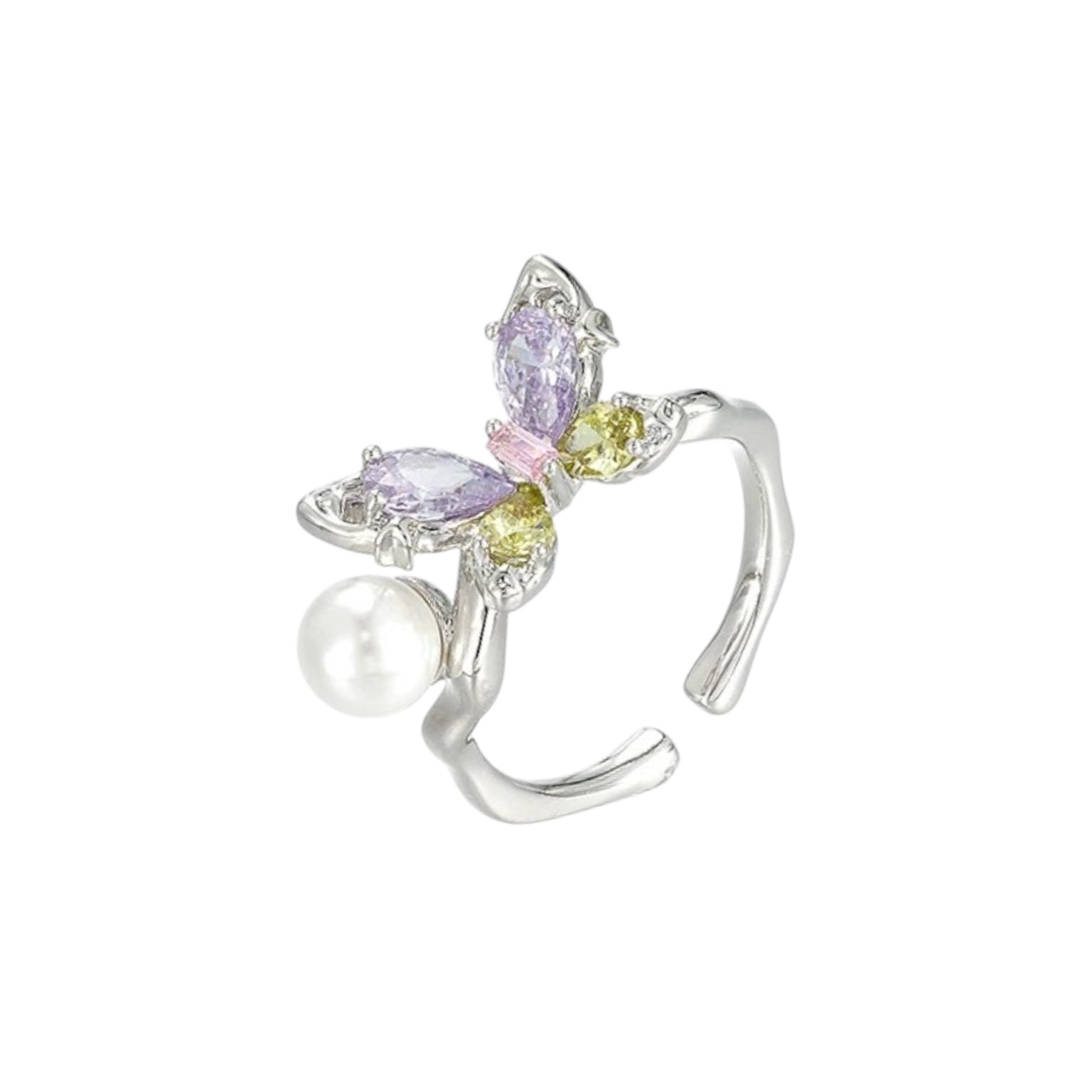 Wasserdichter offener Schmetterling-Ring mit bunten Zirkonia und Perle Silber