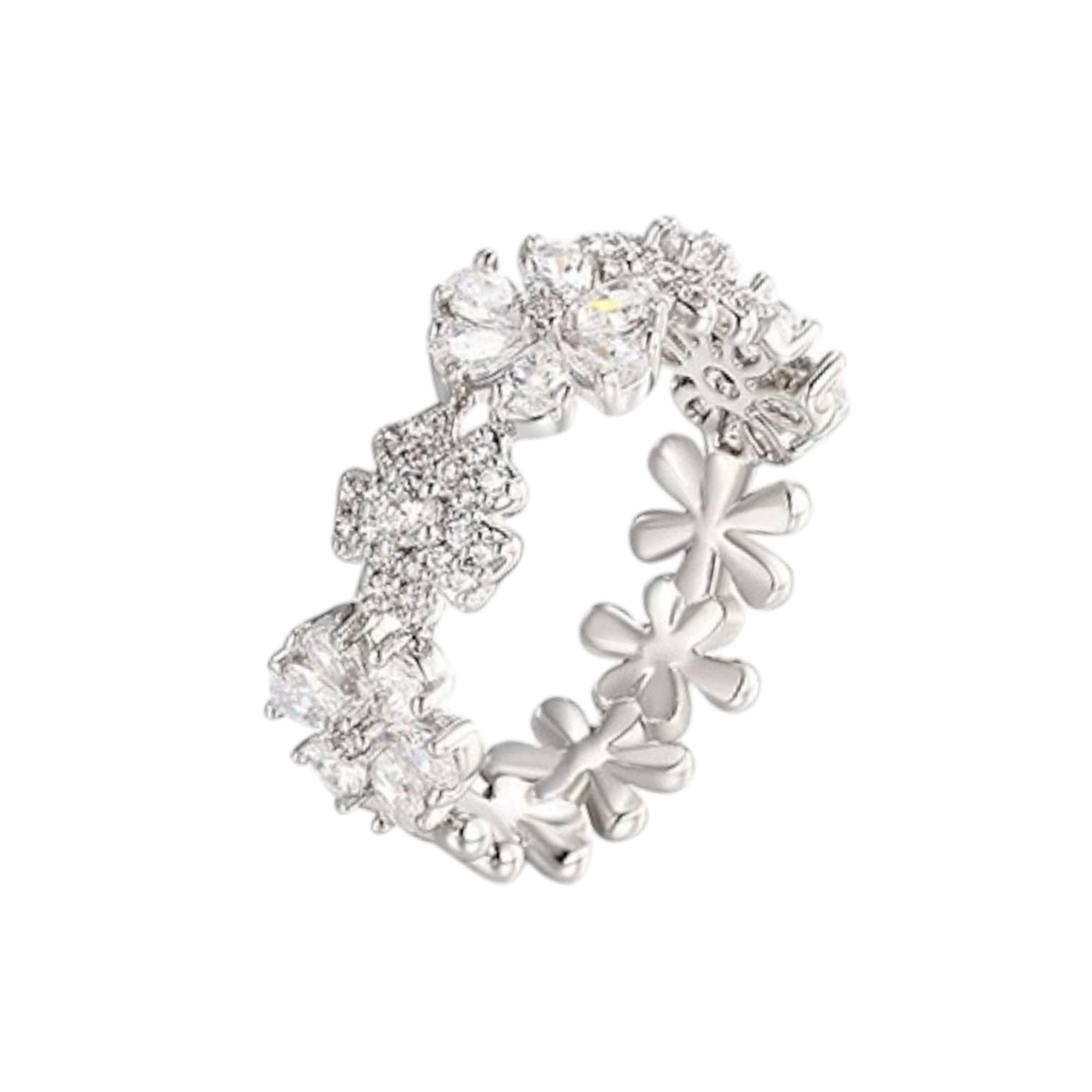 Wasserdichter Blumen-Eternity-Ring mit Zirkonia-Pavé und polierten Blüten Silber