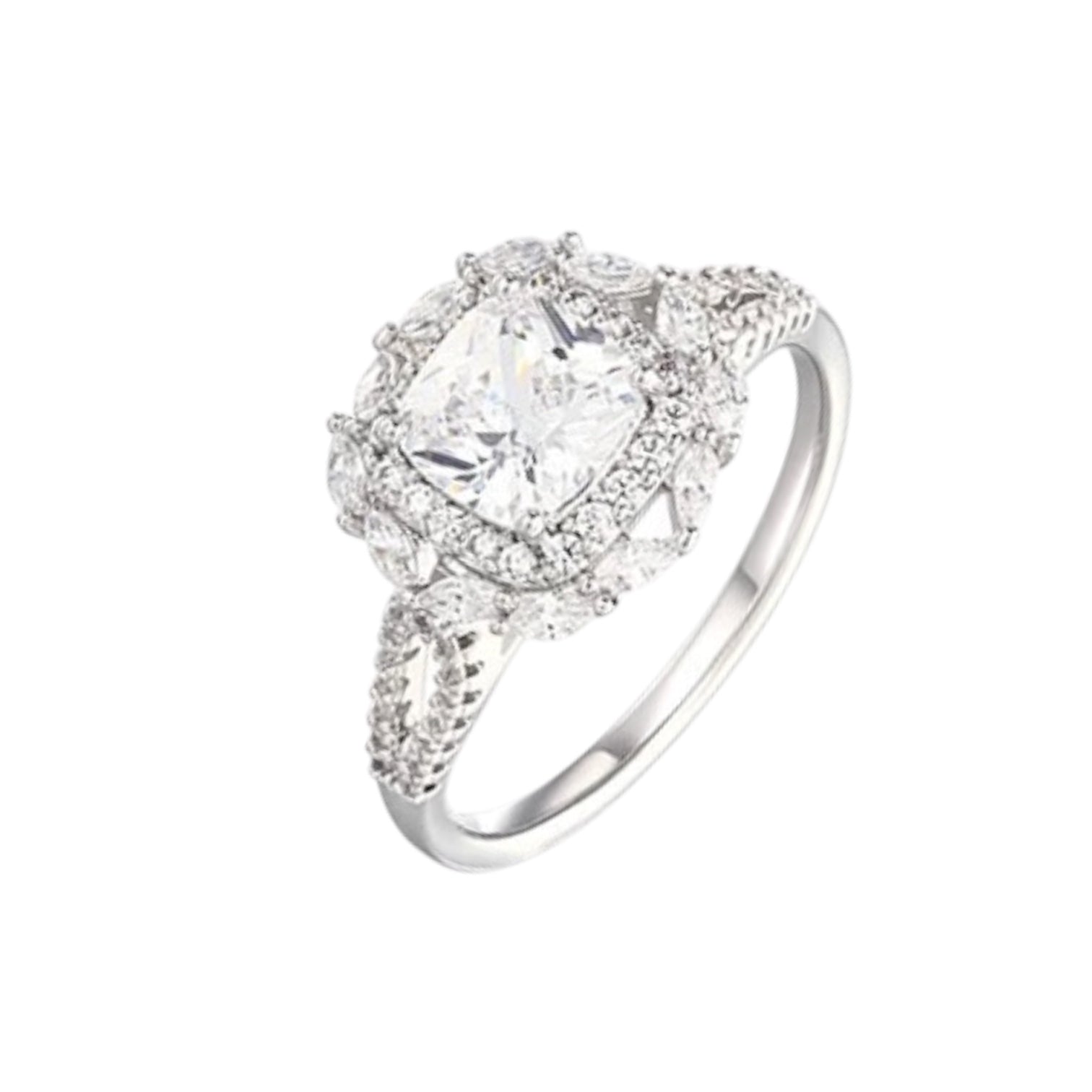 Wasserdichter Luxus-Halo-Ring mit Cushion-Cut Zirkonia und Marquise-Halo Silber