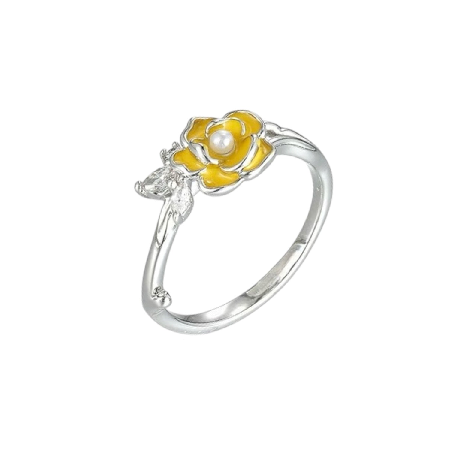 Wasserdichter Rosen-Ring mit gelber Emaille, Perle und Marquise-Zirkonia Silber