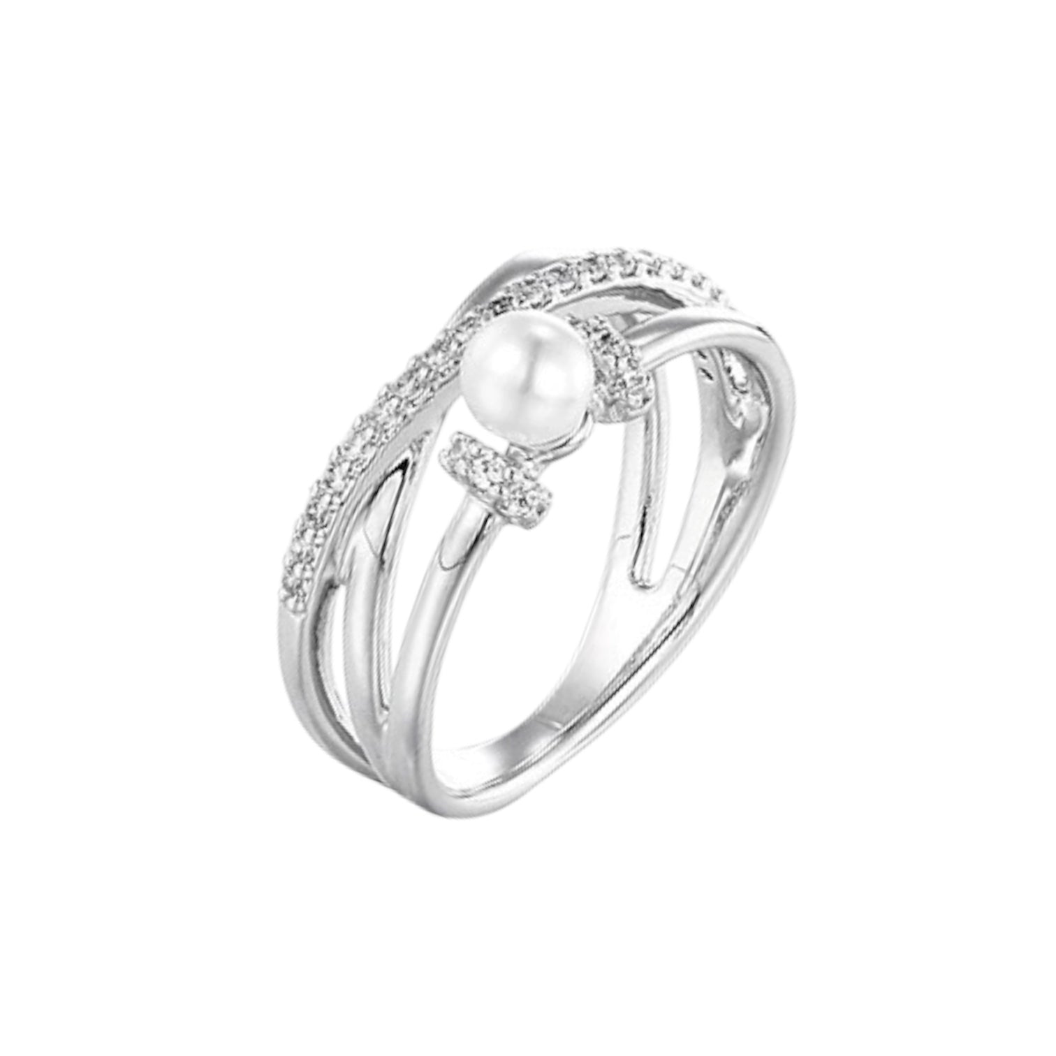 Wasserdichter Mehrschicht-Ring mit Perle und Zirkonia-Pavé Silber
