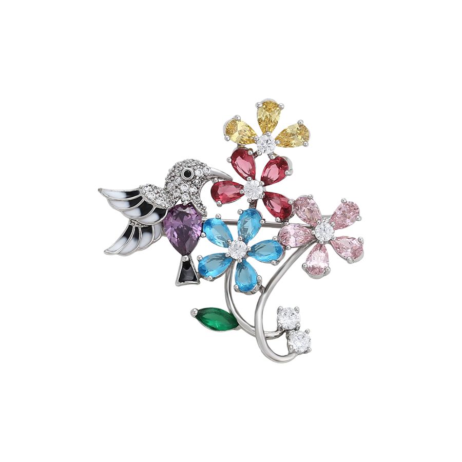 Wasserdichte Vogel-mit-Blumen-Brosche mit Zirkonia, silberfarben