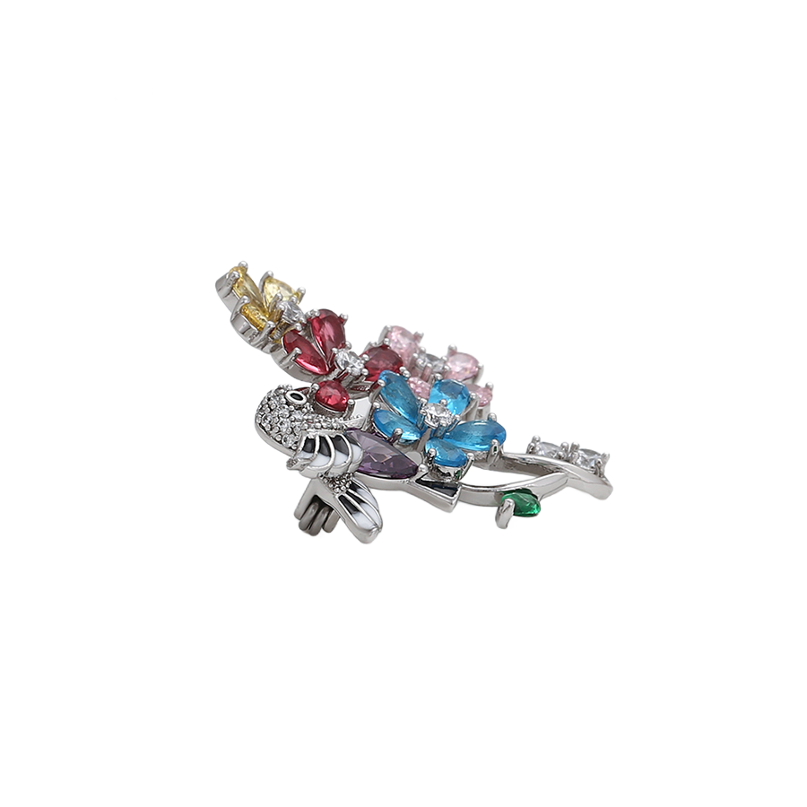 Wasserdichte Vogel-mit-Blumen-Brosche mit Zirkonia, silberfarben