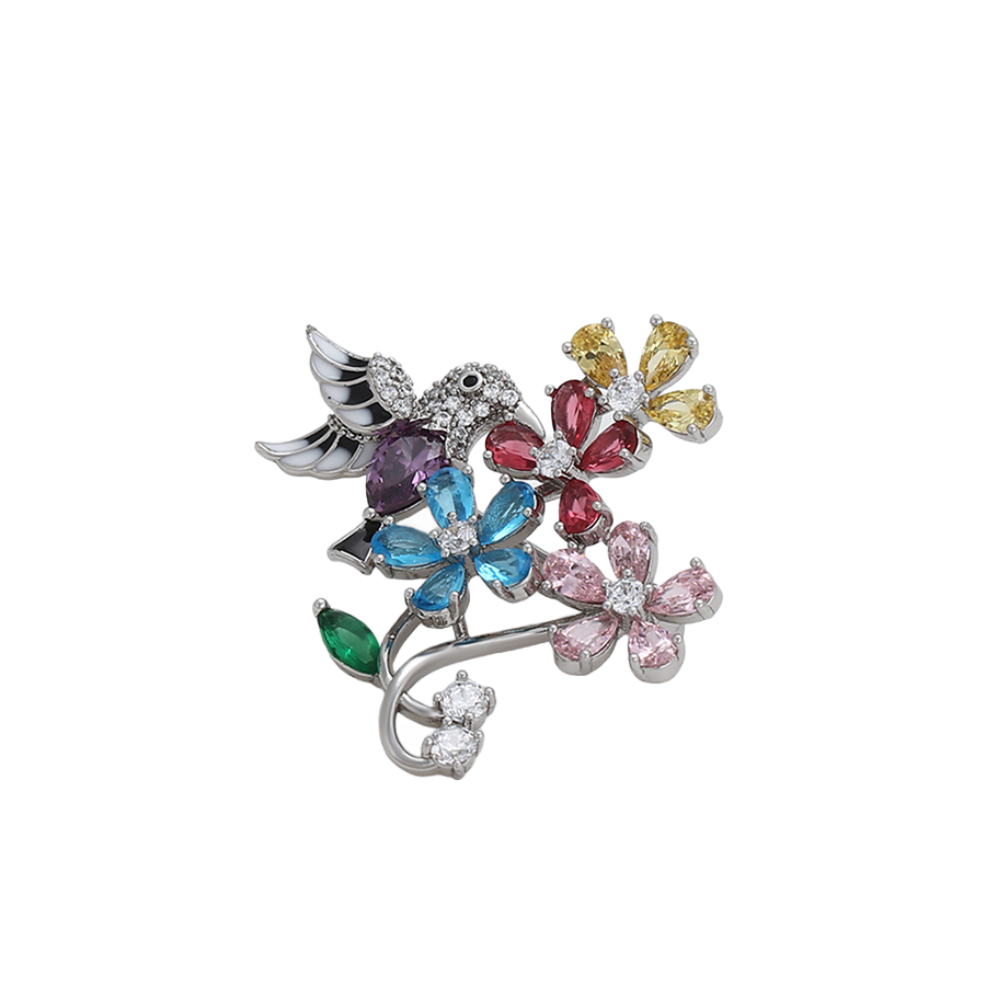 Wasserdichte Vogel-mit-Blumen-Brosche mit Zirkonia, silberfarben