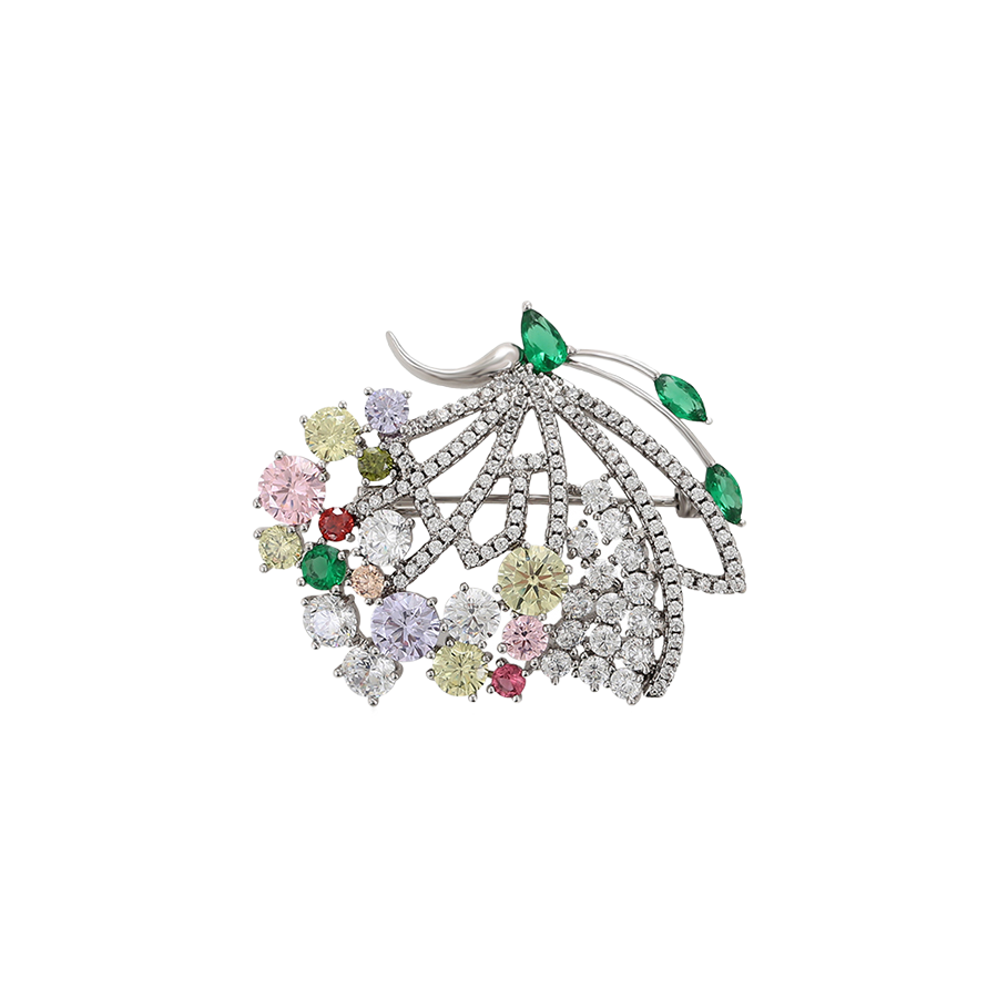Wasserdichte Blumenkorb-Brosche mit Zirkonia, silberfarben