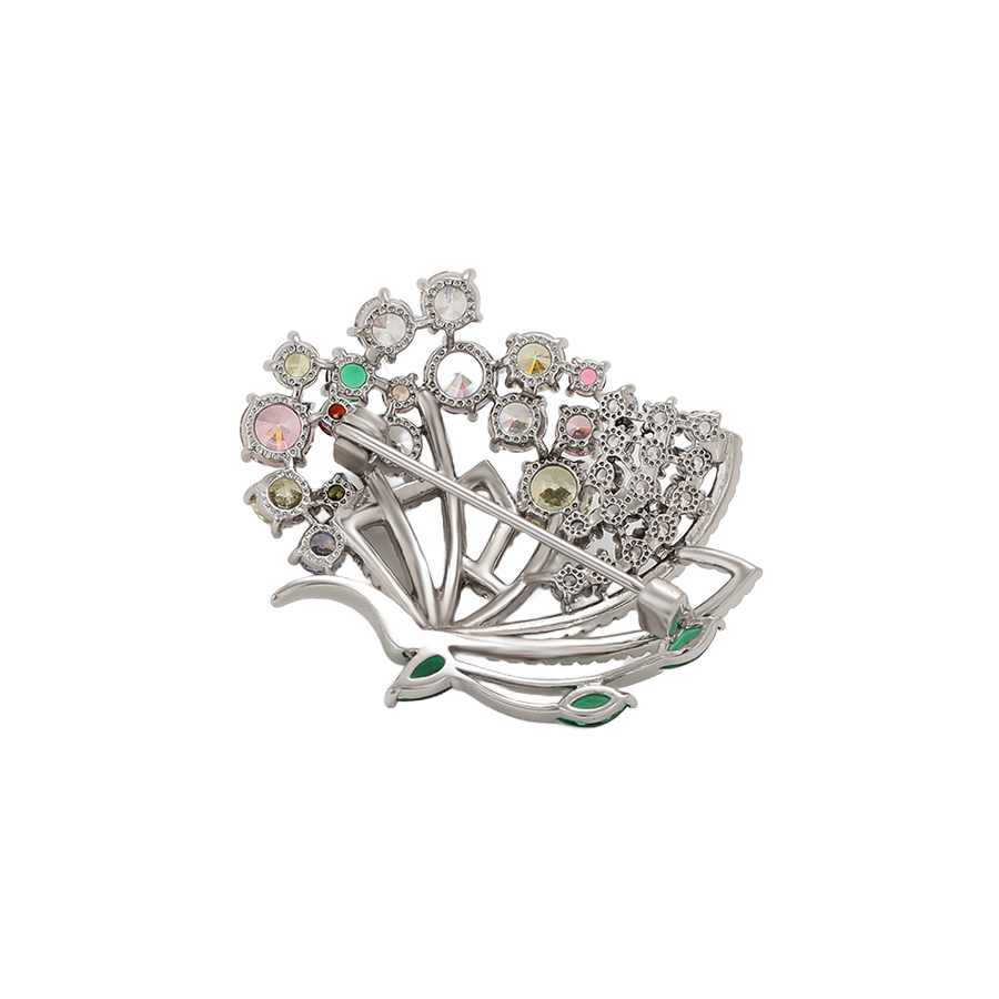 Wasserdichte Blumenkorb-Brosche mit Zirkonia, silberfarben