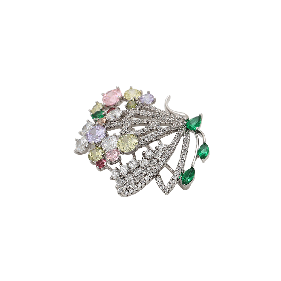 Wasserdichte Blumenkorb-Brosche mit Zirkonia, silberfarben