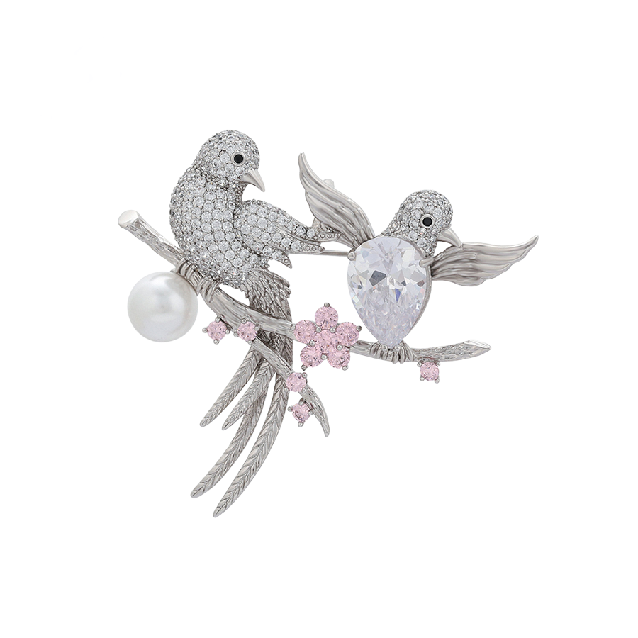 Wasserdichte Zwei-Vögel-Brosche mit Perle und Zirkonia, silberfarben