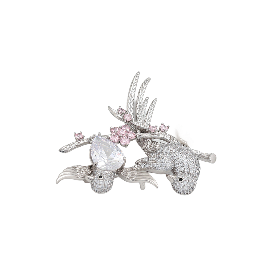 Wasserdichte Zwei-Vögel-Brosche mit Perle und Zirkonia, silberfarben
