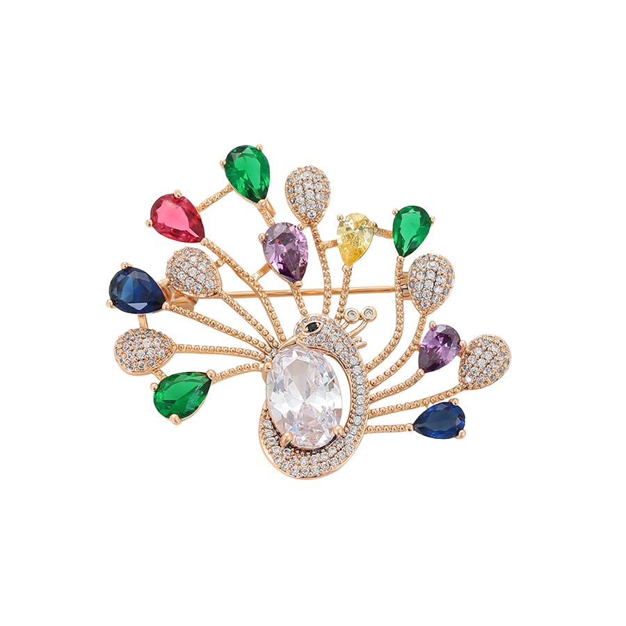 Wasserdichte Pfau-Brosche mit Zirkonia, goldfarben