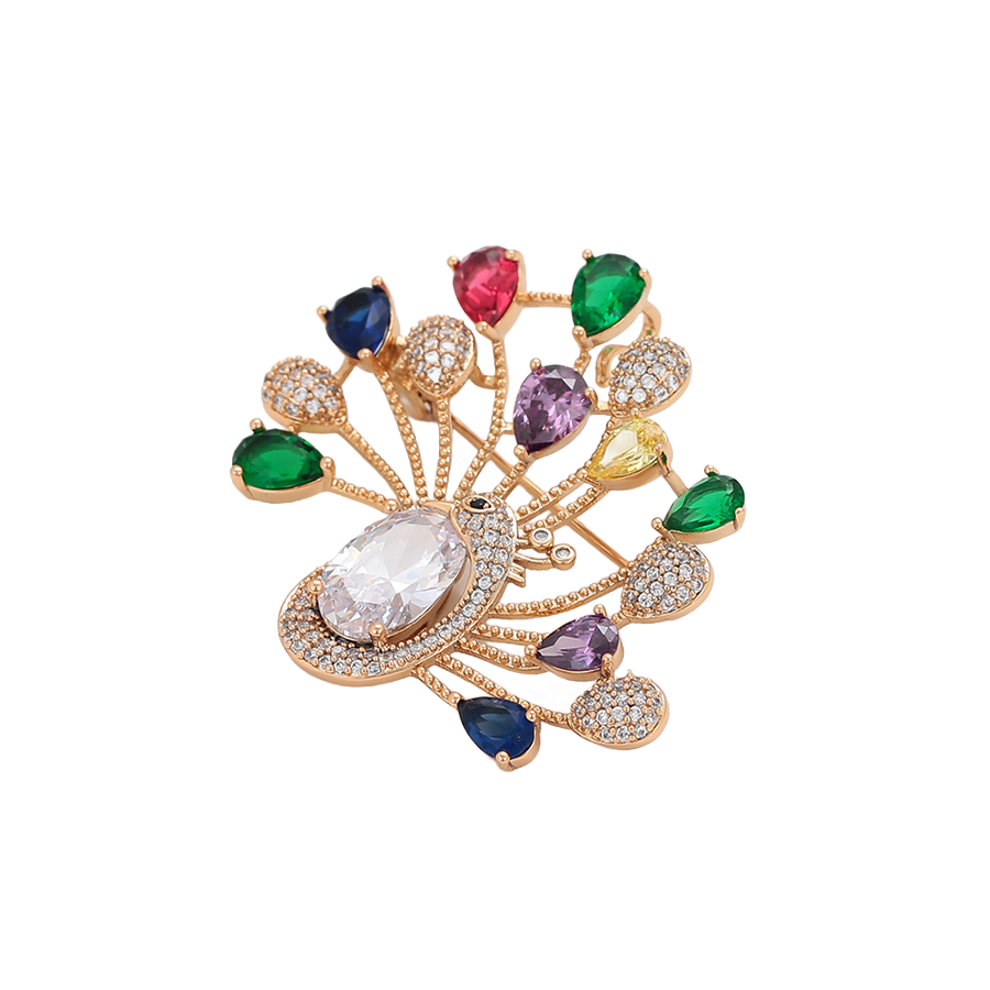Wasserdichte Pfau-Brosche mit Zirkonia, goldfarben