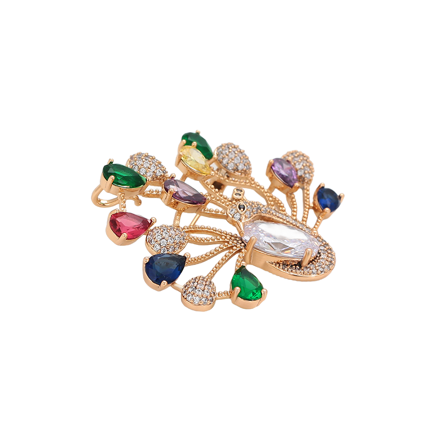 Wasserdichte Pfau-Brosche mit Zirkonia, goldfarben