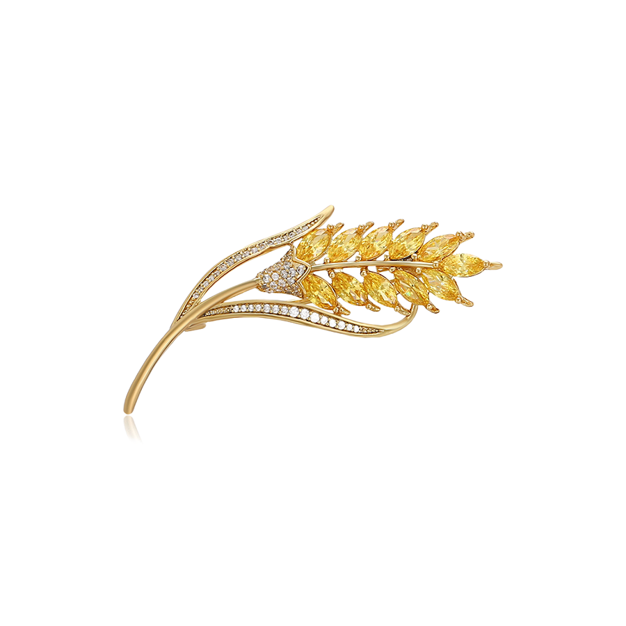 Wasserdichte Weizenähre-Brosche mit Zirkonia, goldfarben