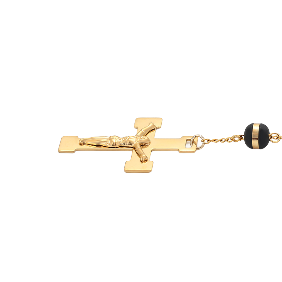 Wasserdichter Rosenkranz Goldfarbe mit schwarzen Perlen, Kreuz und Medaille