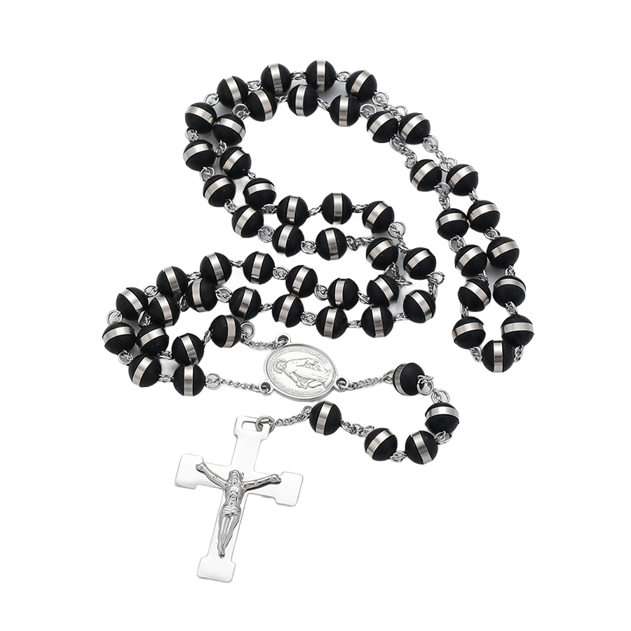 Waterproof Rosary Silver-colored with Black Beads, Cross, and Medal