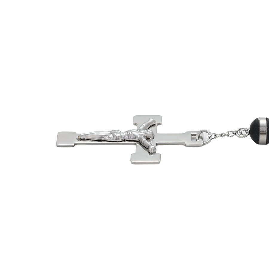 Waterproof Rosary Silver-colored with Black Beads, Cross, and Medal