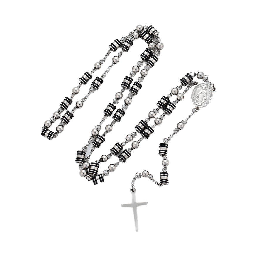 Wasserdichter Rosenkranz, silberfarben, mit schwarz-silber gestreiften Perlen, Kreuz und Medaille