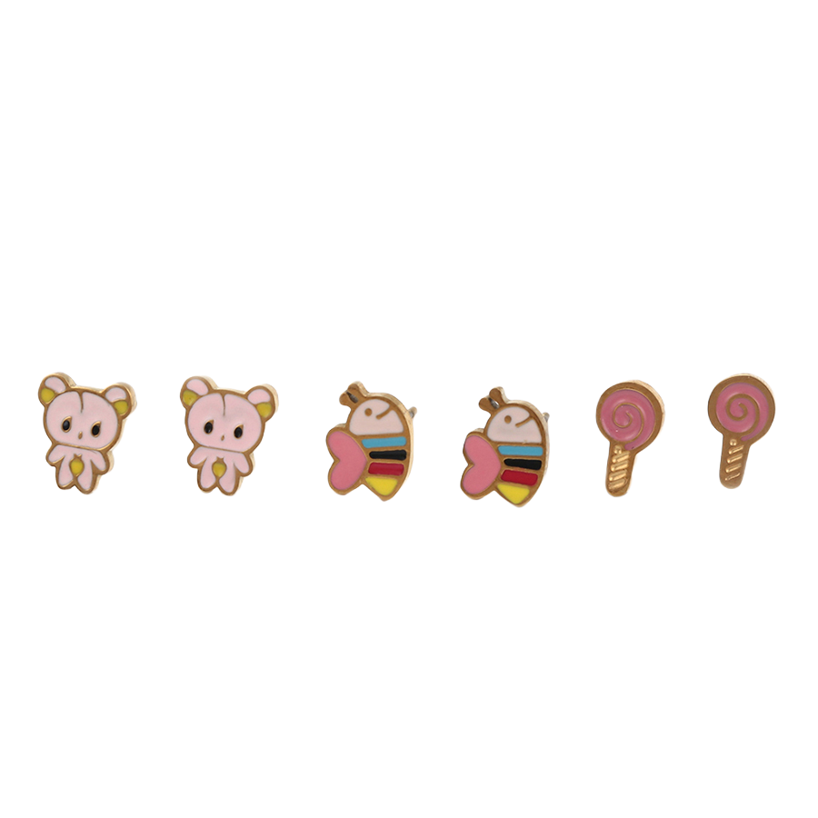 Waterproof Stud Earrings Set Gold Tone Cute 3-Pack