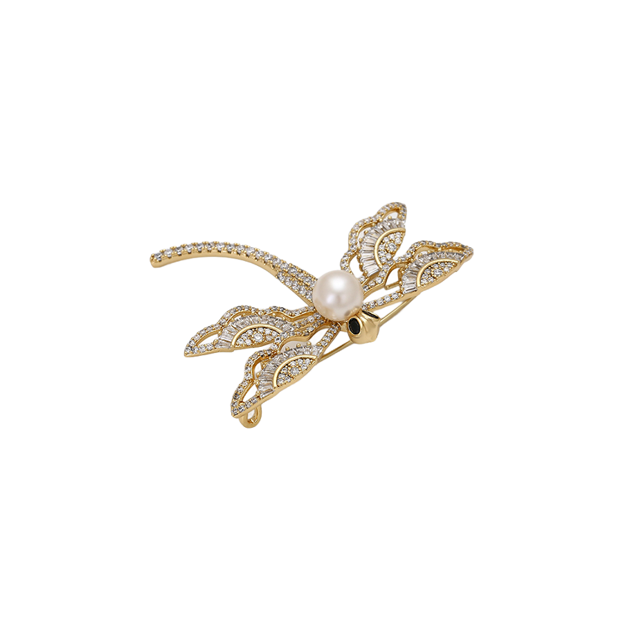 Wasserdichte Libellen-Brosche mit Perle und Zirkonia Goldfarbe
