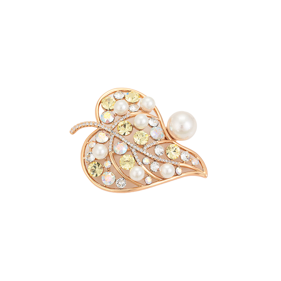 Wasserdichte Blatt-Brosche mit Perlen und Kristallen Goldfarbe