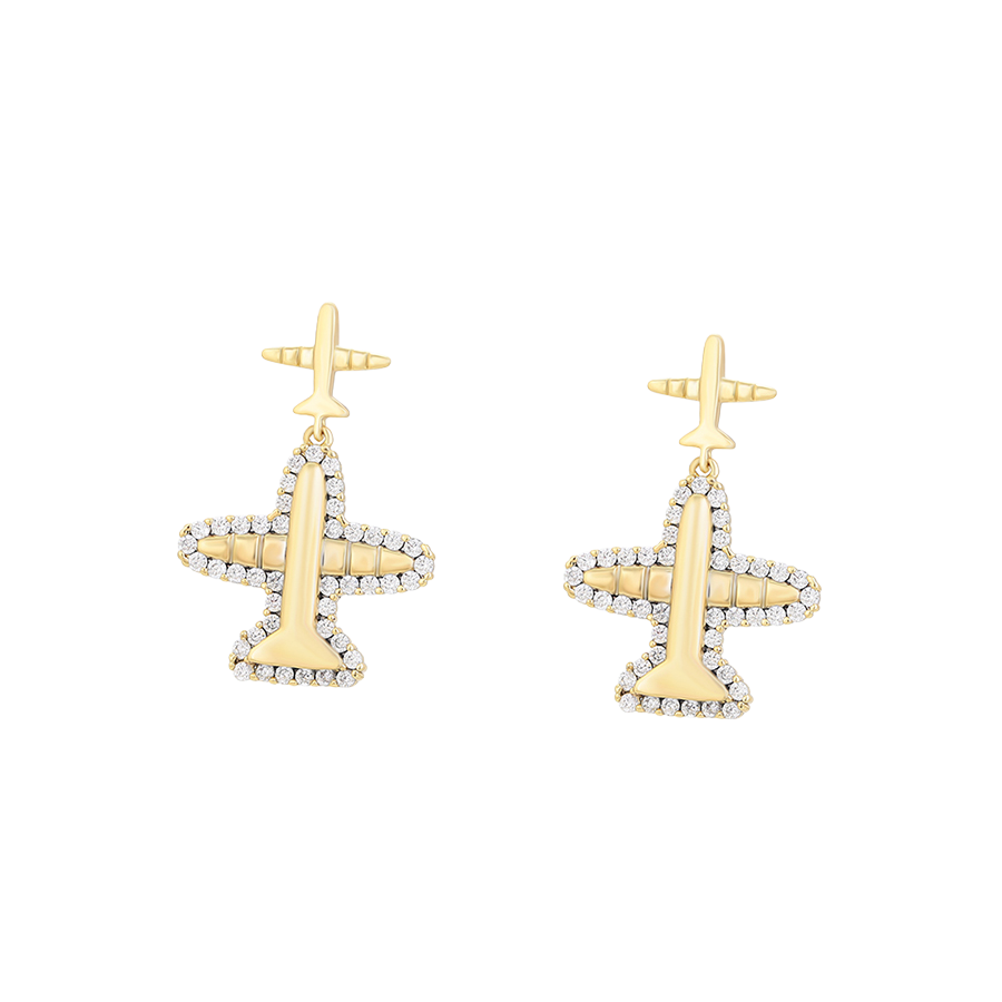 Waterproof Airplane Stud Earrings, Gold Plated, 26mm x 17mm with Zirconia