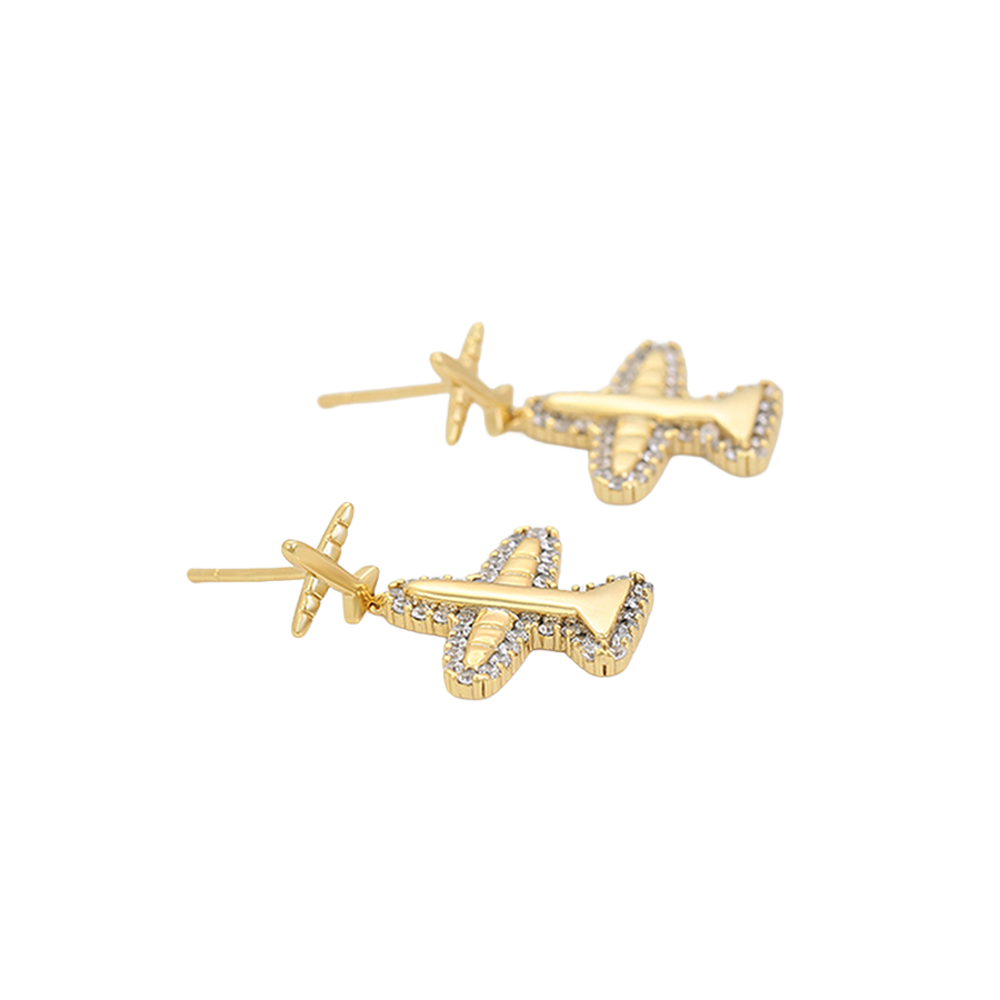 Waterproof Airplane Stud Earrings, Gold Plated, 26mm x 17mm with Zirconia