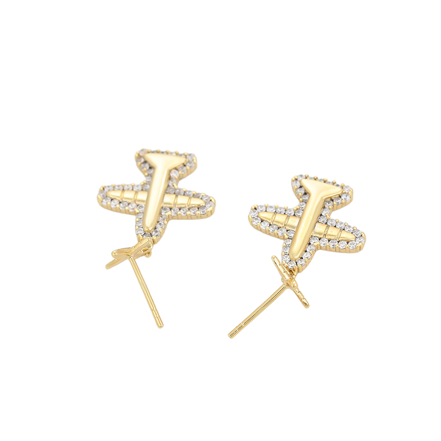 Waterproof Airplane Stud Earrings, Gold Plated, 26mm x 17mm with Zirconia
