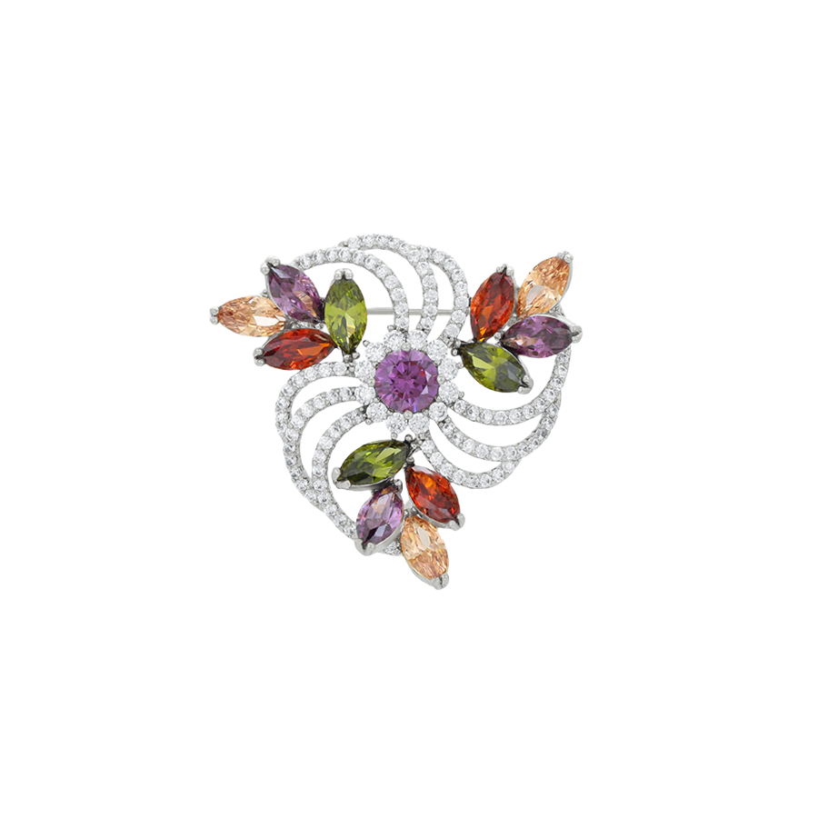 Wasserdichte Blumen-Brosche mit bunten Kristallen, silberfarben