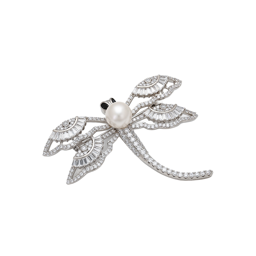 Wasserdichte Libelle-Brosche mit Perle und Kristallen, silberfarben