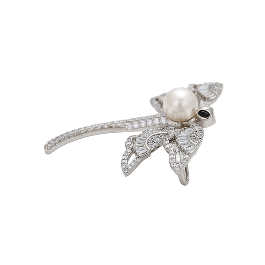 Wasserdichte Libelle-Brosche mit Perle und Kristallen, silberfarben