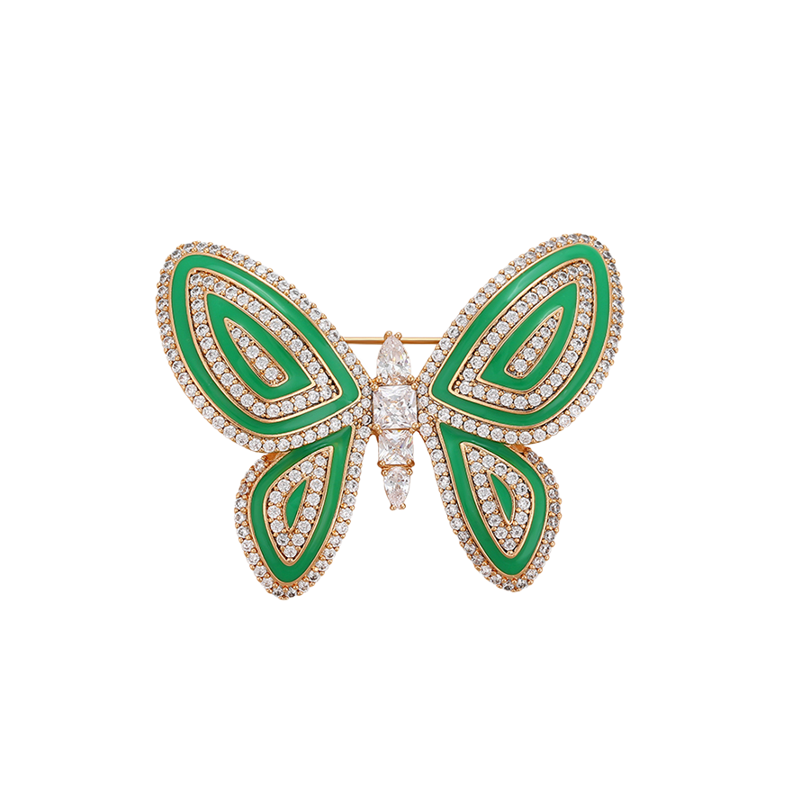 Wasserdichte Schmetterling-Brosche mit grüner Emaille und Kristallen Goldfarbe