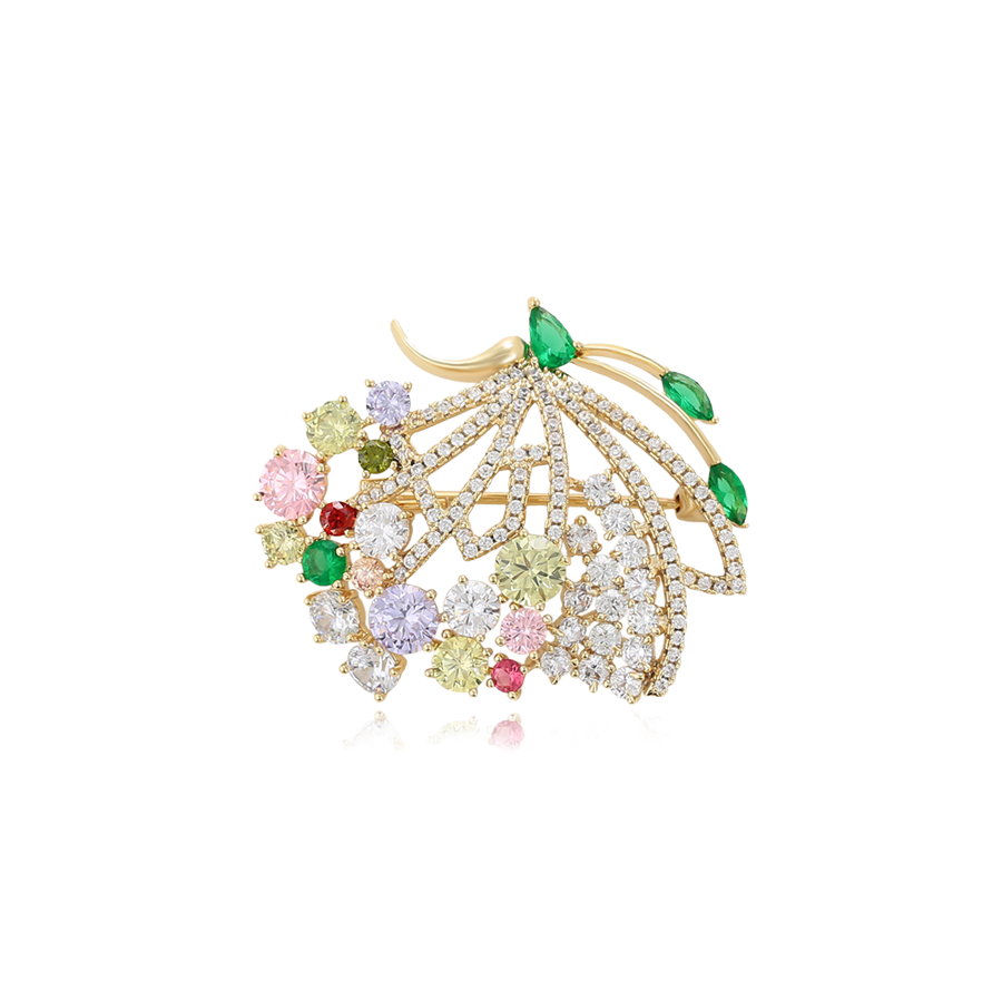 Wasserdichte Blatt-Brosche mit bunten Kristallen Goldfarbe