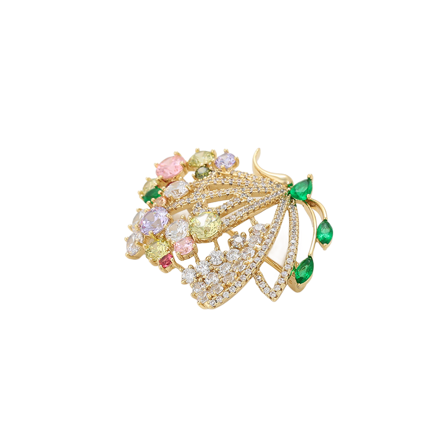 Wasserdichte Blatt-Brosche mit bunten Kristallen Goldfarbe