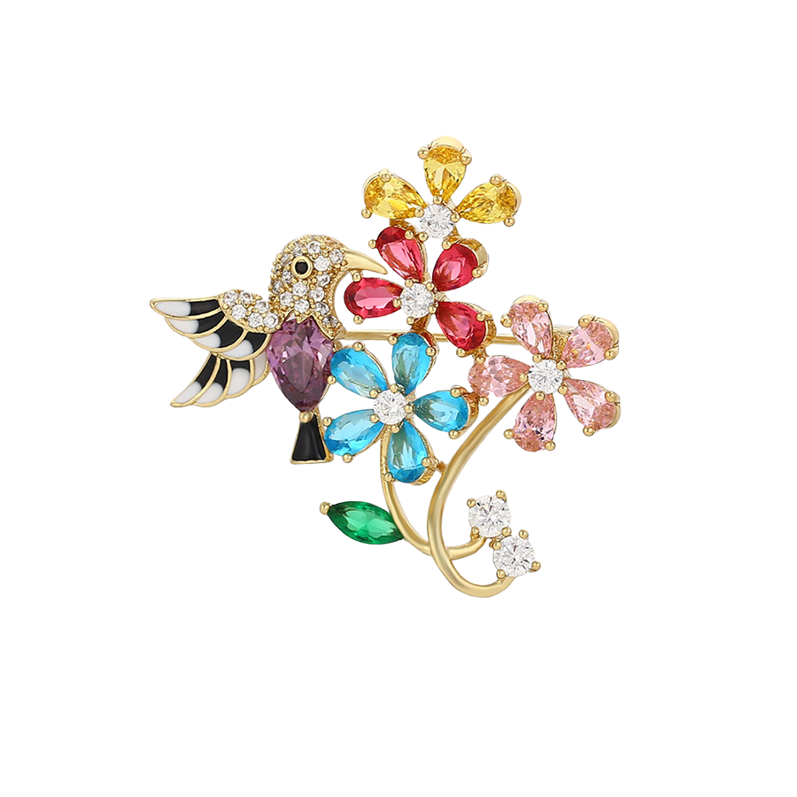 Wasserdichte Vogel-mit-Blumen-Brosche mit bunten Kristallen Goldfarbe