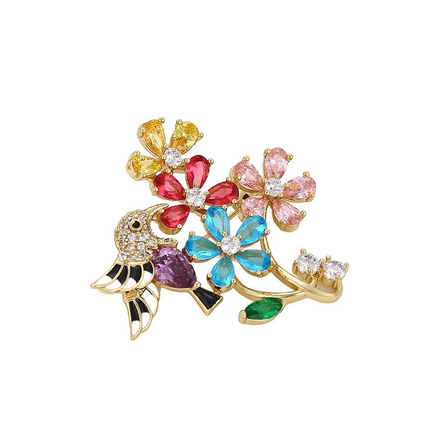 Wasserdichte Vogel-mit-Blumen-Brosche mit bunten Kristallen Goldfarbe