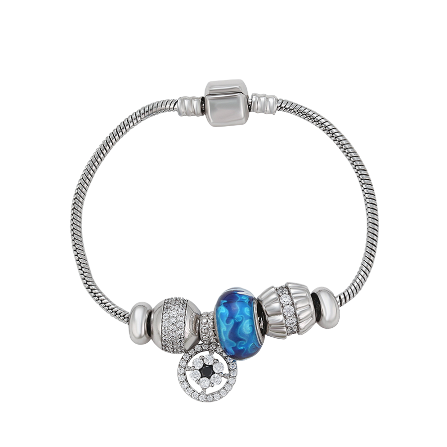 Wasserdichtes Armband mit blauen Charms und Kristallen, silberfarben, 18cm