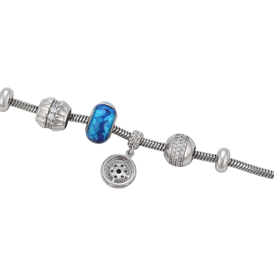 Wasserdichtes Armband mit blauen Charms und Kristallen, silberfarben, 18cm
