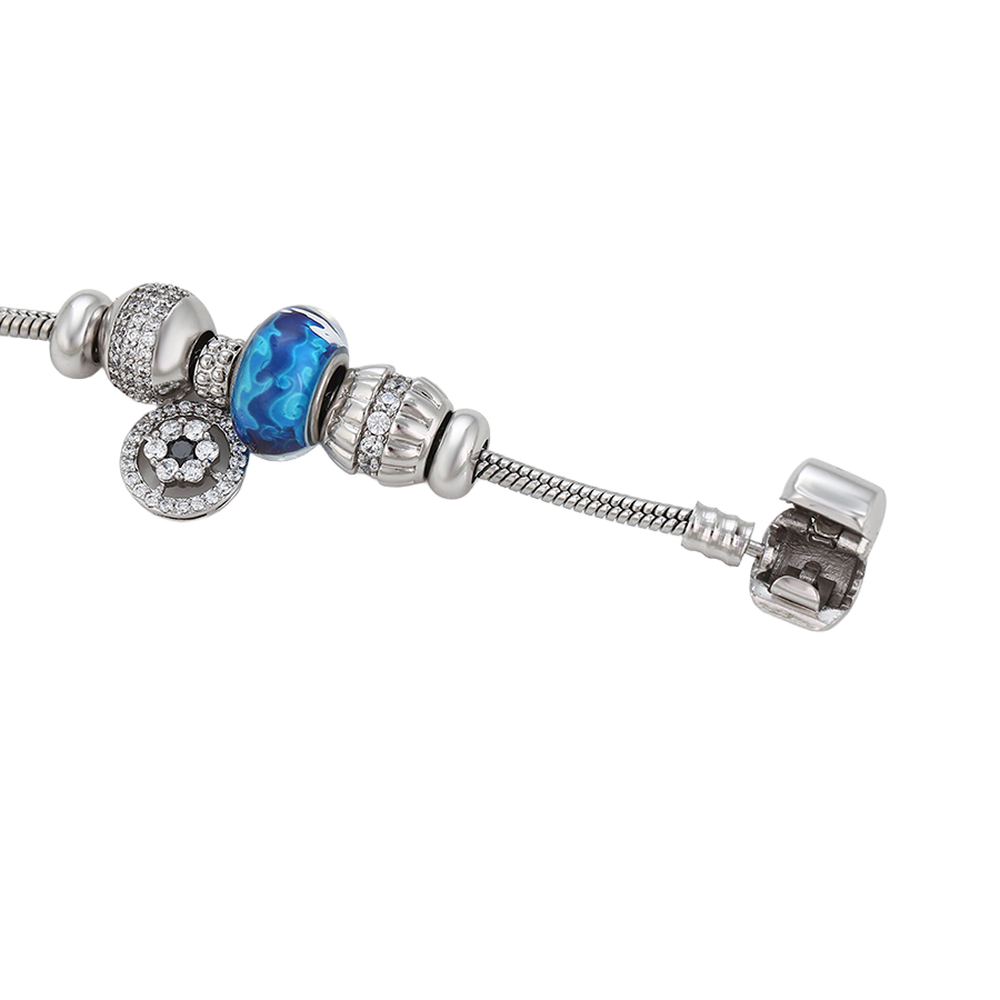 Wasserdichtes Armband mit blauen Charms und Kristallen, silberfarben, 18cm