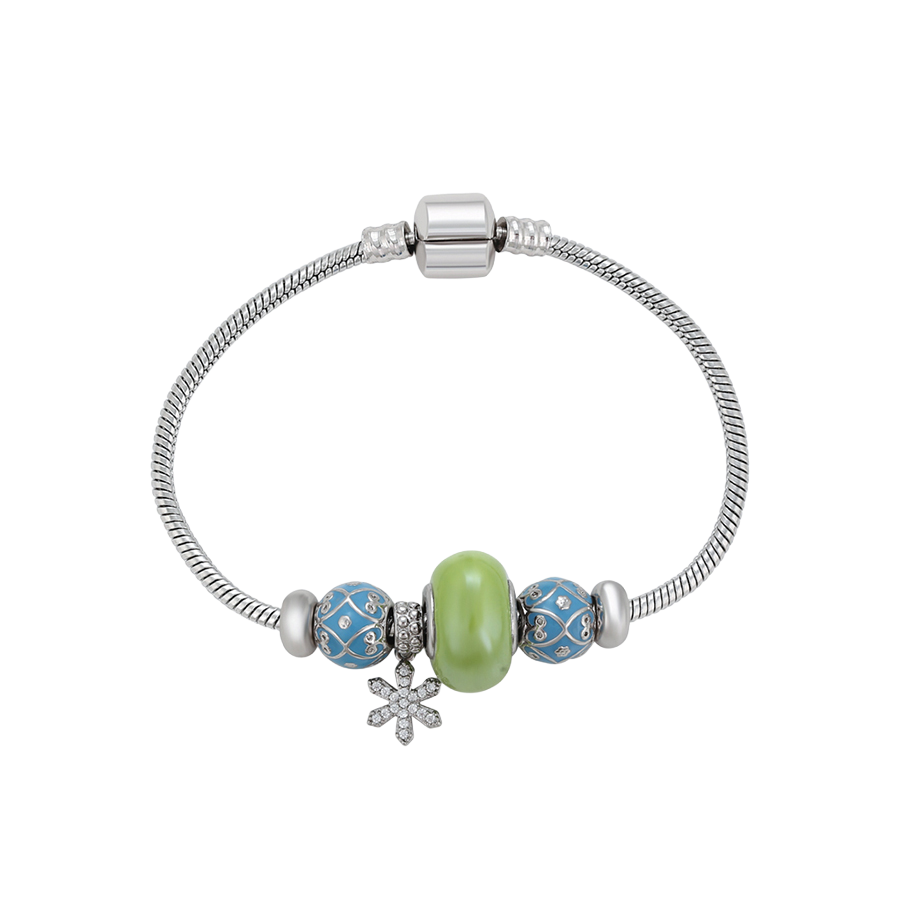 Wasserdichtes Armband mit grünen und blauen Charms und Kristallen, silberfarben