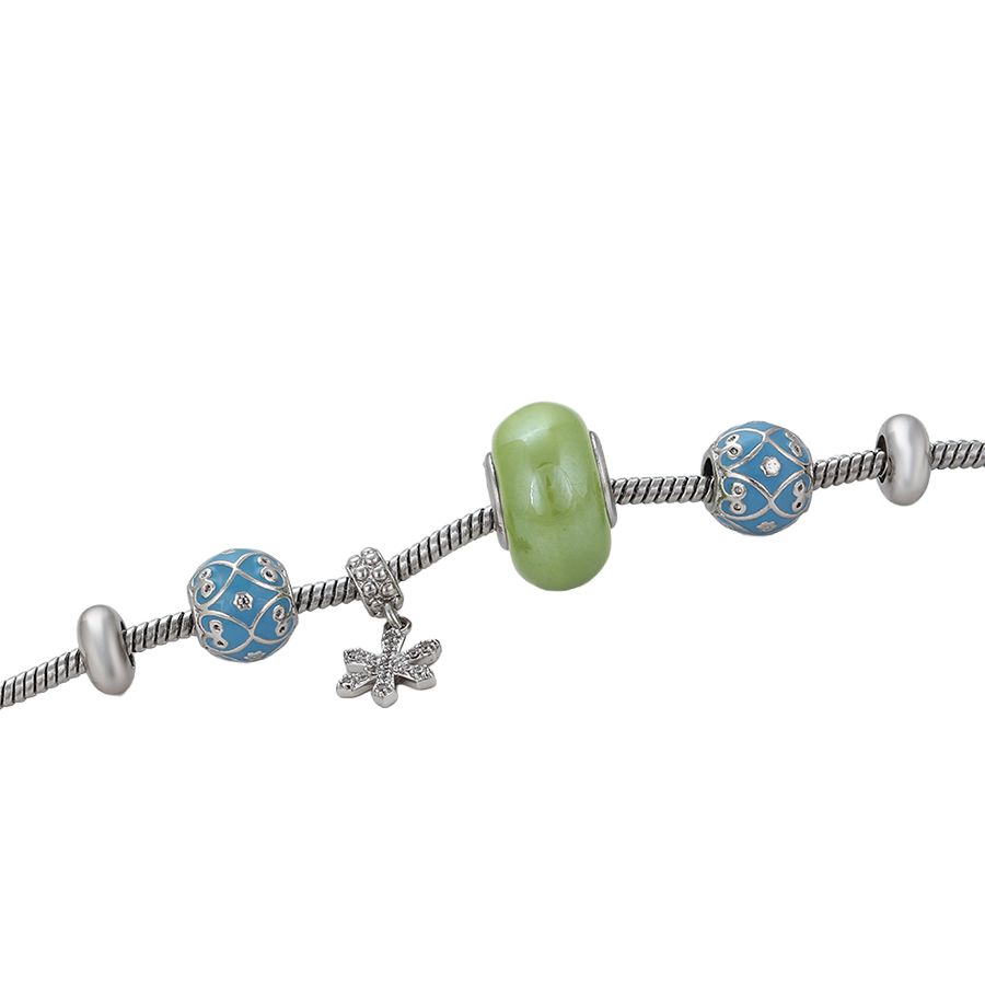 Wasserdichtes Armband mit grünen und blauen Charms und Kristallen, silberfarben
