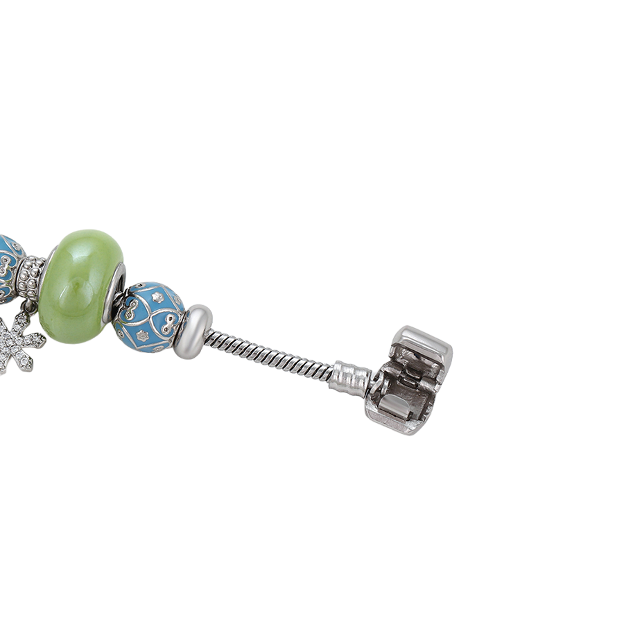 Wasserdichtes Armband mit grünen und blauen Charms und Kristallen, silberfarben