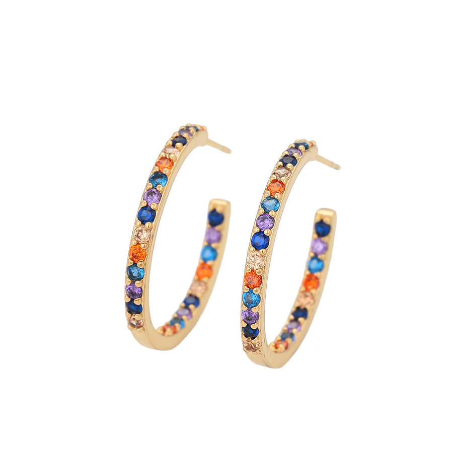 Waterproof Hoop Earrings Gold Colored 25mm x 2mm with Colorful Crystals