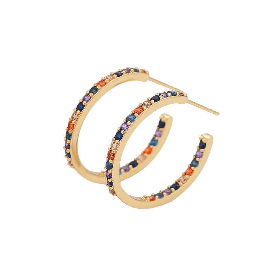 Waterproof Hoop Earrings Gold Colored 25mm x 2mm with Colorful Crystals