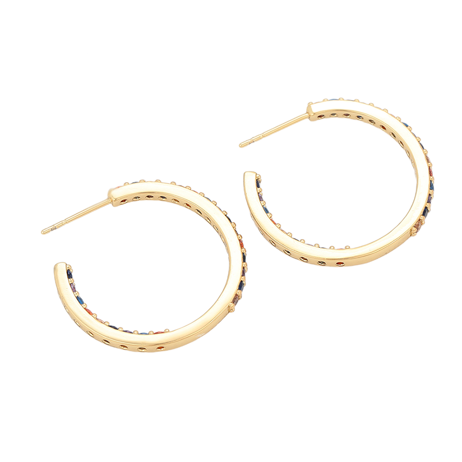 Waterproof Hoop Earrings Gold Colored 25mm x 2mm with Colorful Crystals