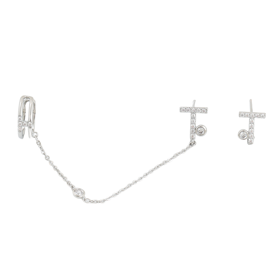 Waterproof Ear Cuff Set Silver-Plated with Zirconia and Chain