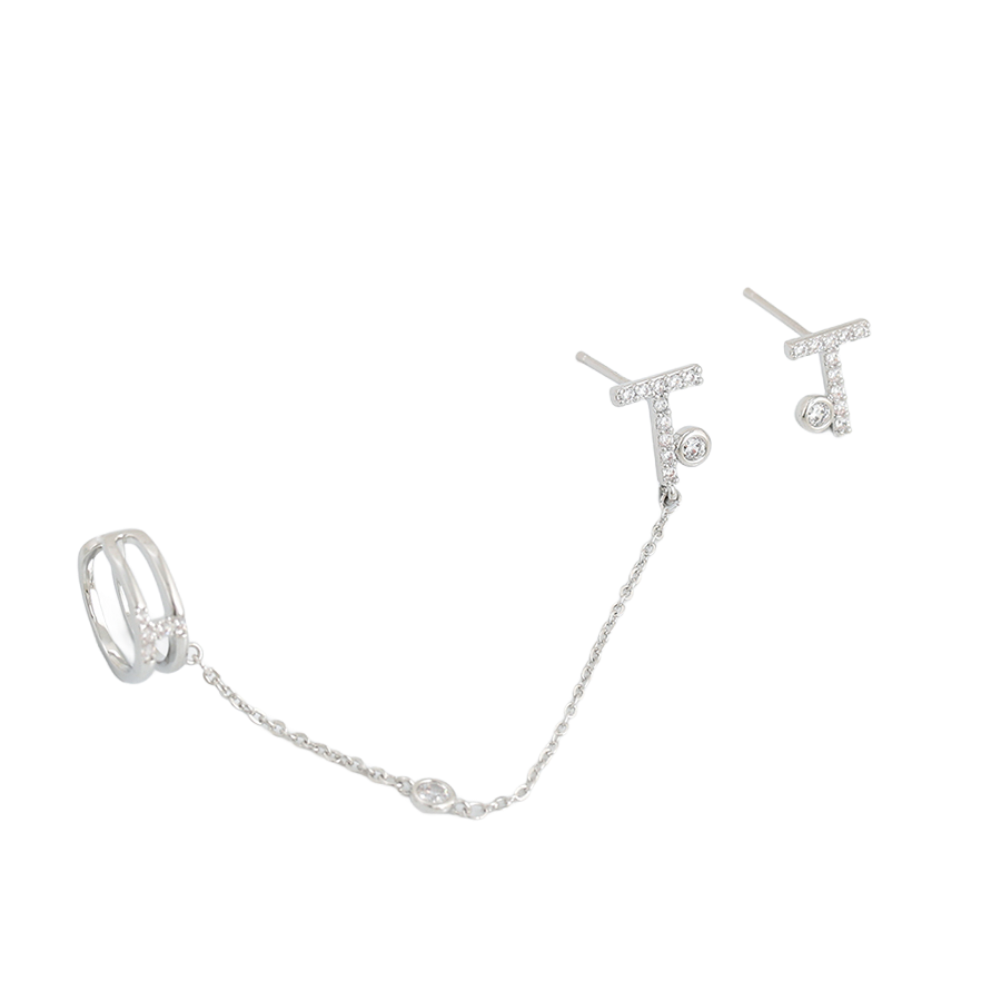 Waterproof Ear Cuff Set Silver-Plated with Zirconia and Chain