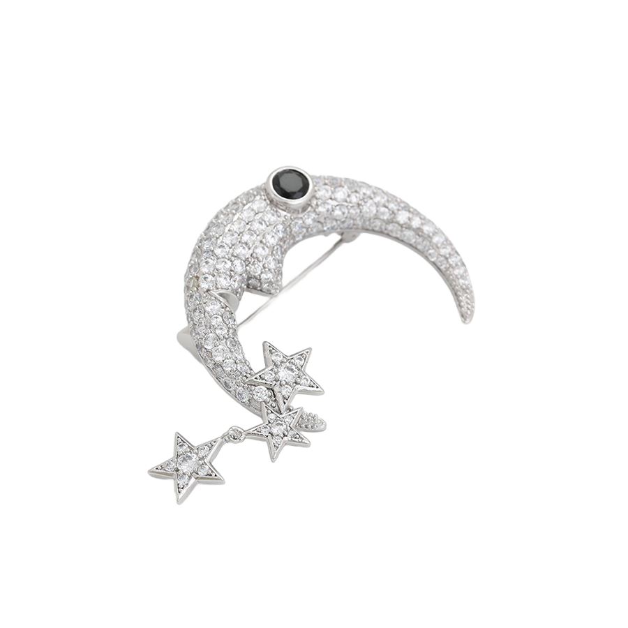 Wasserdichte Mond-mit-Sternen-Brosche mit Zirkonia, silberfarben